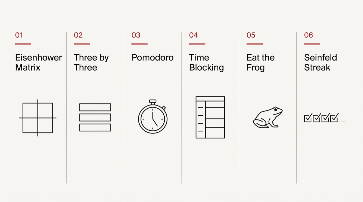 Six productivity methods set out in a row: Eisenhower matrix, three by three, Pomodoro, time blocking, eat the frog, Seinfeld streak