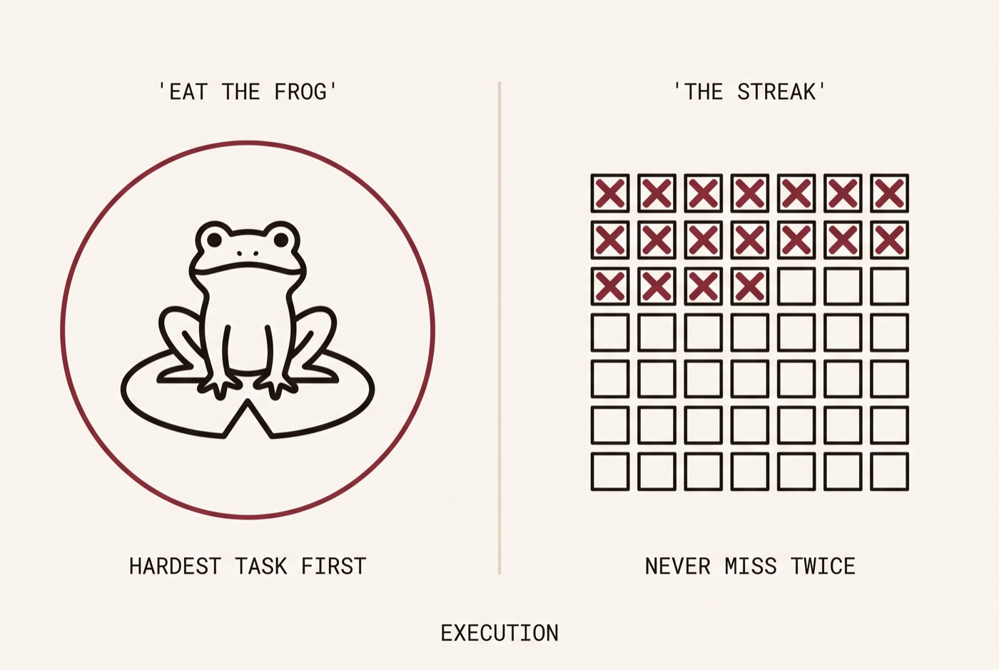 A frog on a lily pad captioned hardest task first, beside a calendar grid showing an unbroken run of marked days captioned never miss twice