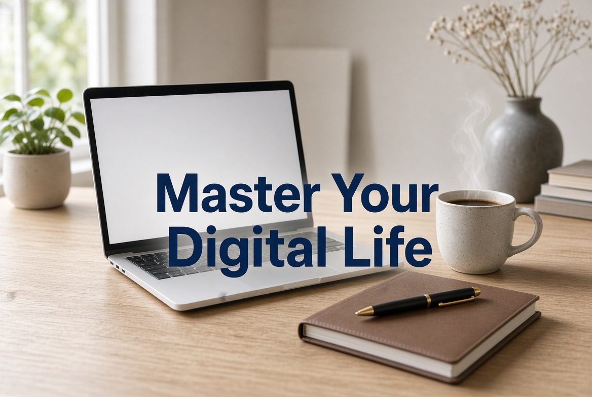 An open laptop on a pale wooden desk beside a coffee cup, a notebook and pen, captioned Master Your Digital Life