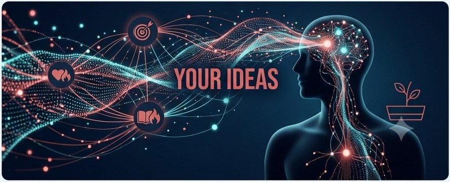 An abstract network of glowing nodes and lines flowing into a human silhouette, labelled Your Ideas.